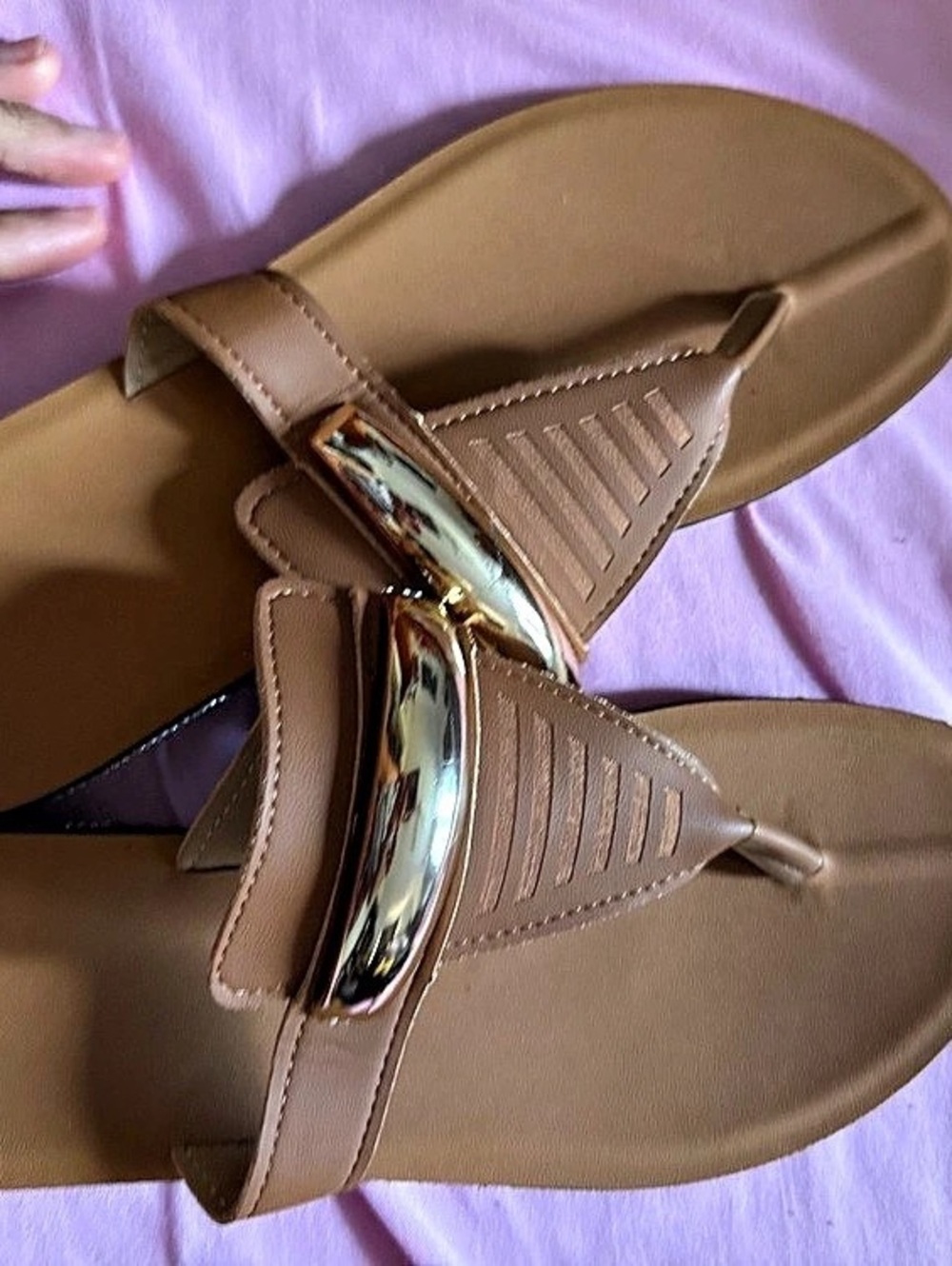 Gold-Tone Bar Brown Sandals